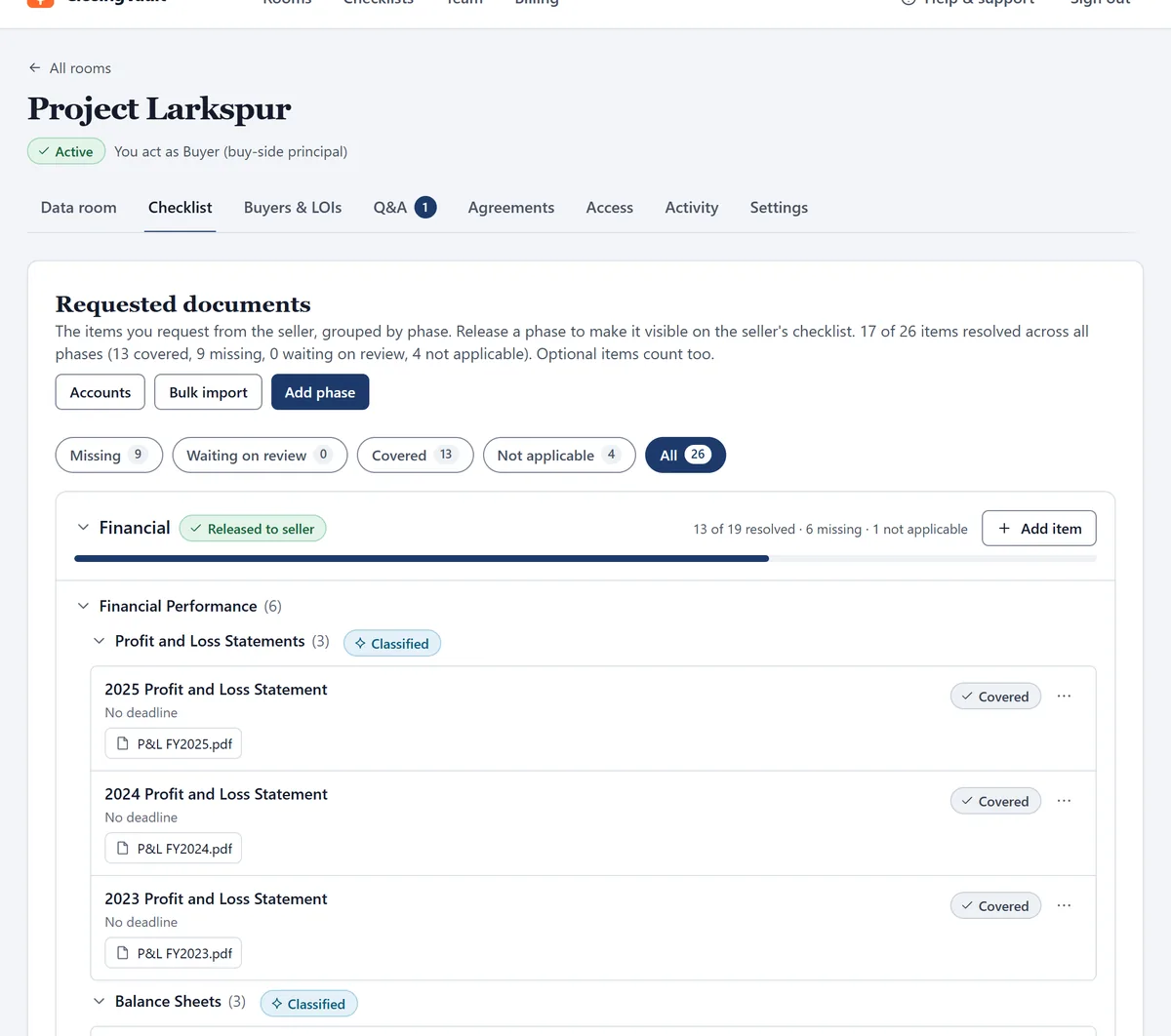 A buyer-run room in ClosingVault, headed “You act as Buyer (buy-side principal)”. The request list shows 17 of 26 items resolved, and the seller’s profit and loss statements for three years each marked Covered with the file attached.